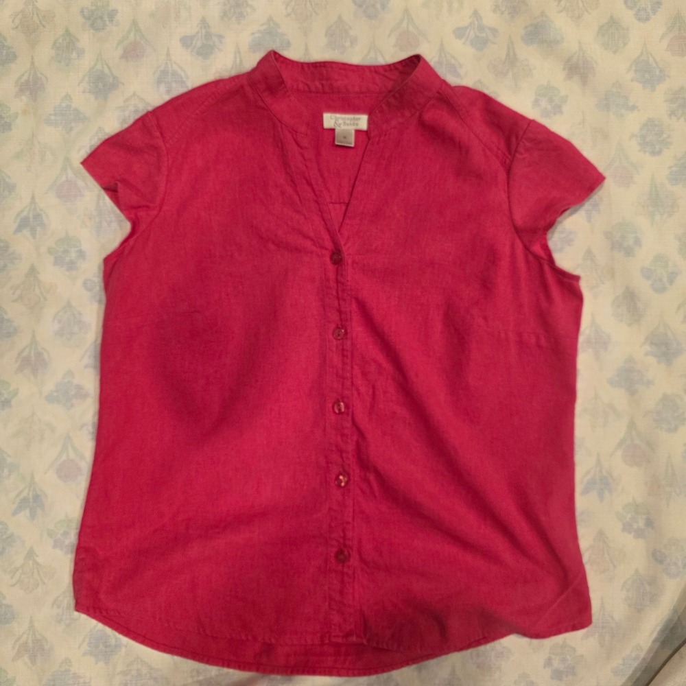 Christopher & Banks Pink Linen Blend Short Sleeve Button Down Shirt Womens Med